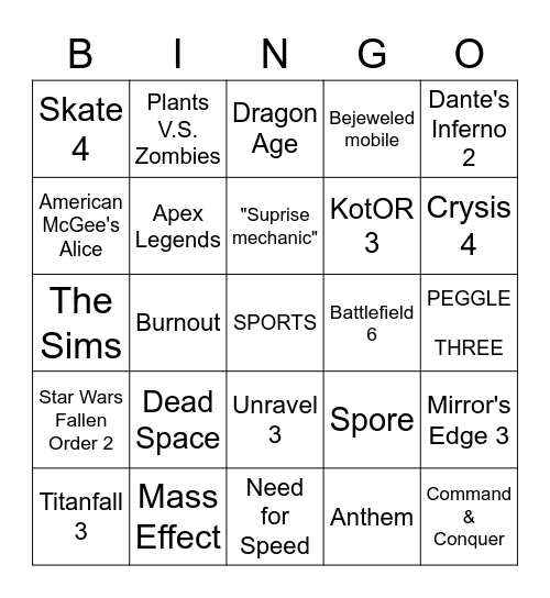 EA E3 2021 Bingo Card