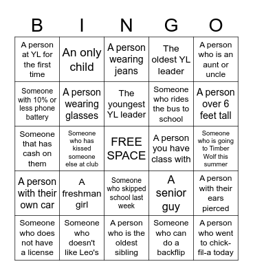 YOUNG LIFE PEOPLE BINGO Card