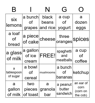 Food Bingo Card