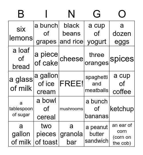 Food Bingo Card