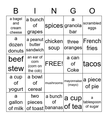 Food Bingo Card