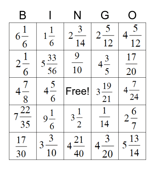 Adding and Subtracting Fractions Bingo Card