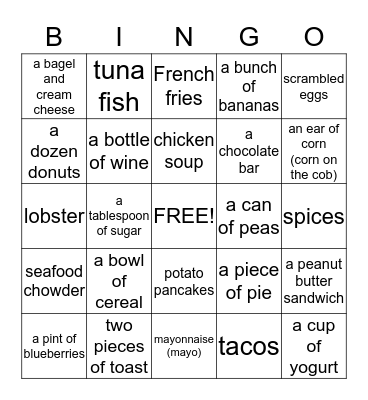 Food Bingo Card