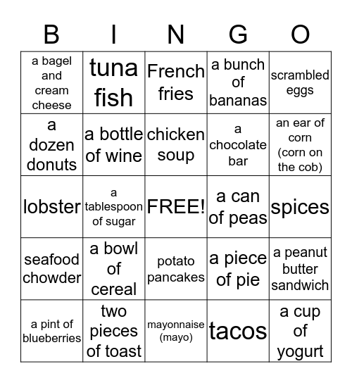 Food Bingo Card