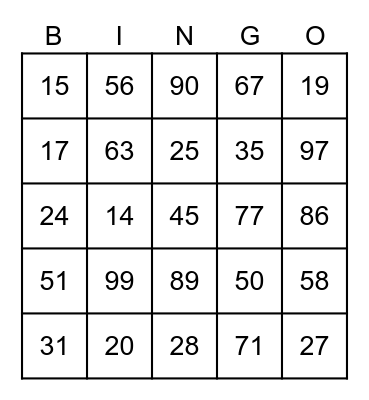 Number Bingo Card
