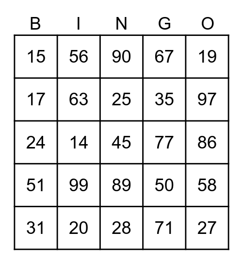 Number Bingo Card