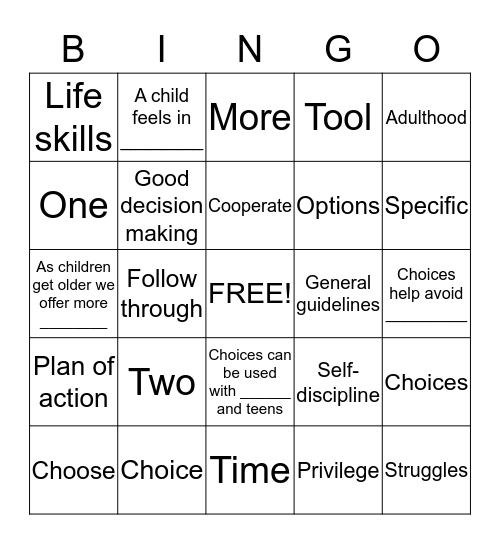 Choices Bingo Card