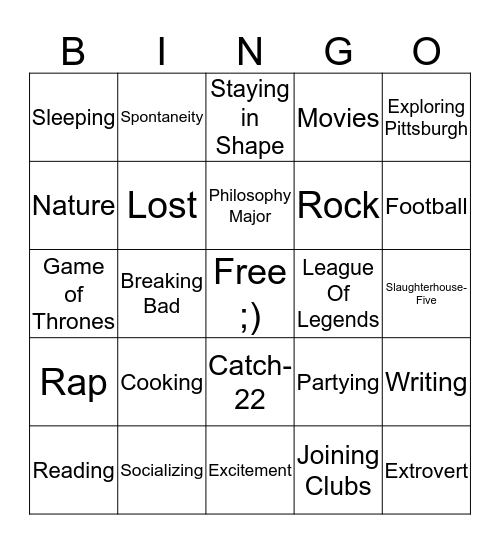 Roommate Bingo Card