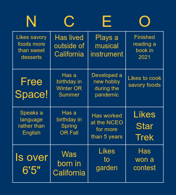 Get-to-know-you NCEO BINGO! Bingo Card