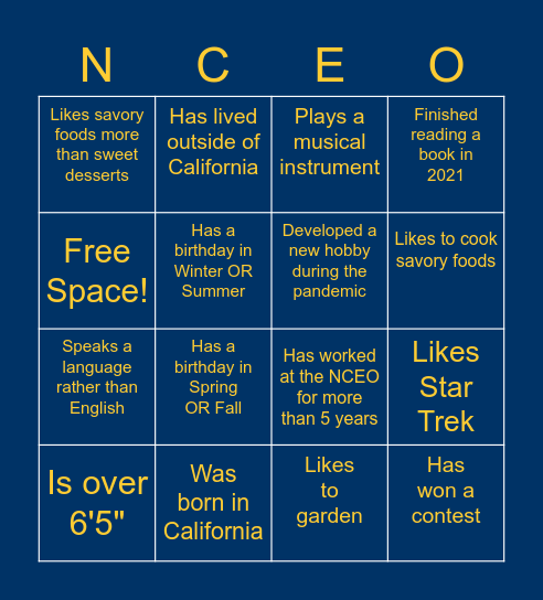 Get-to-know-you NCEO BINGO! Bingo Card