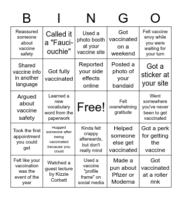 COVID-19 Vaccination Experience Bingo Card