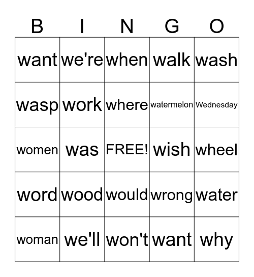 W Words Bingo Card