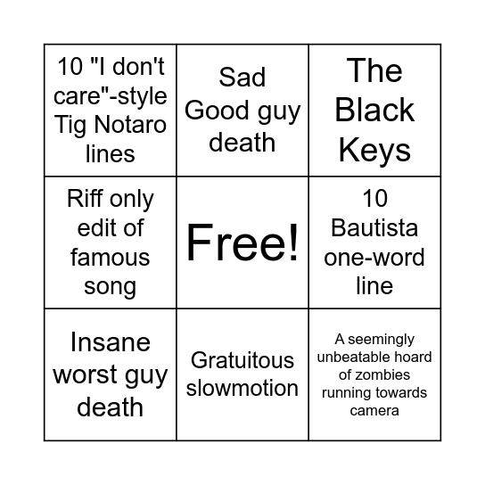 Army of the I'm Dead Inside Bingo Card