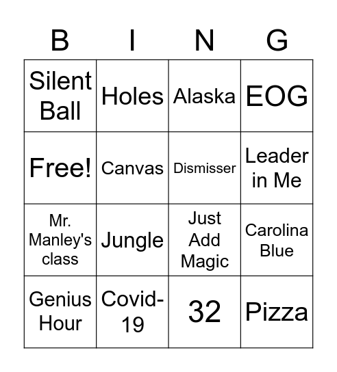 2020-2021 4th Grade Bingo Card