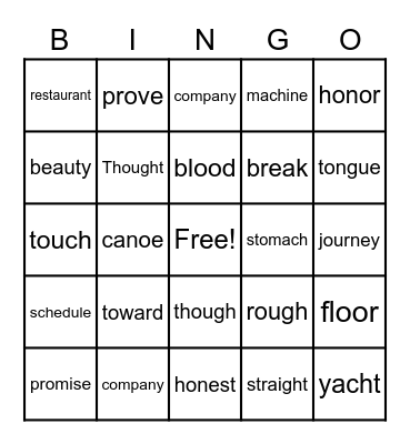 Sight Words Bingo Card