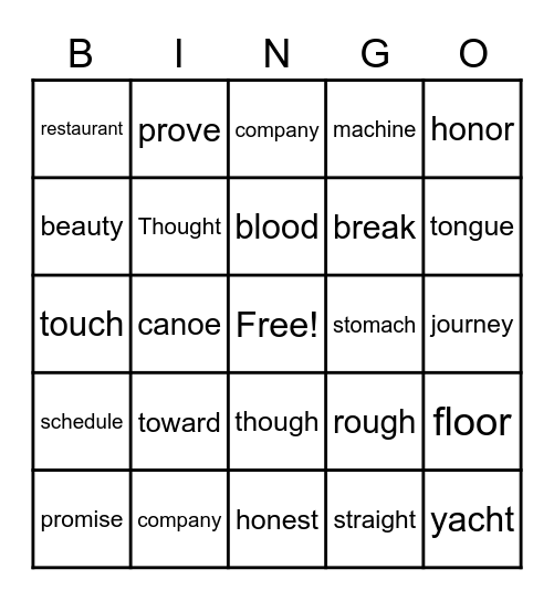 Sight Words Bingo Card
