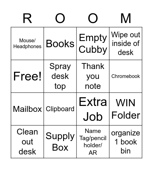 Room Clean Bingo Card