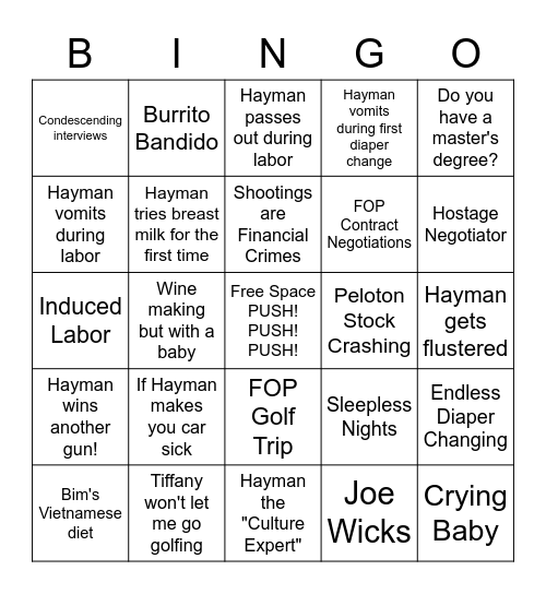 Hayman's Labor Pains Bingo Card