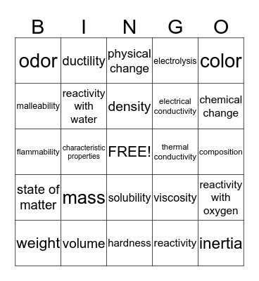 Properties of Matter Bingo Card