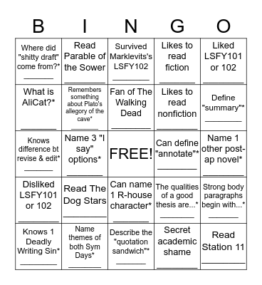 Meet Your Fellow LSFY Survivors Bingo Card