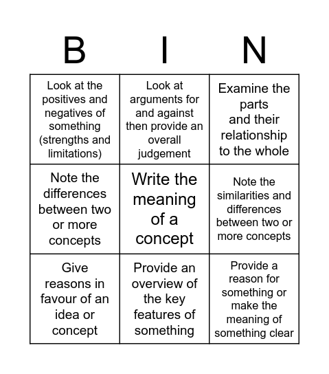 BMA Task Words Bingo Card