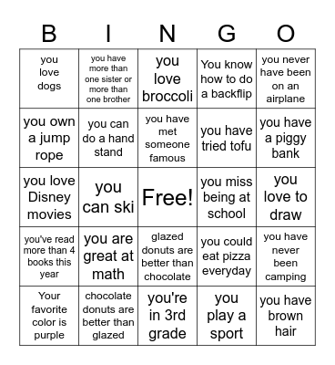 Kid questions Bingo Card