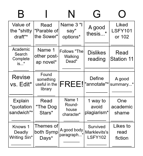 Meet Your Fellow LSFY Survivors Bingo Card