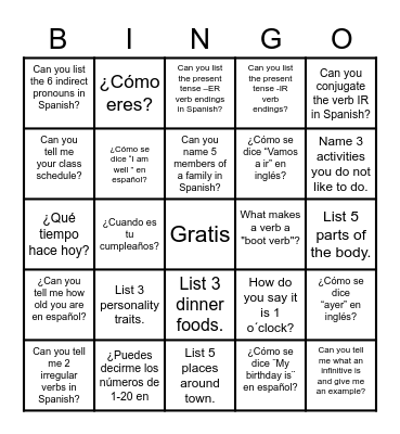 Repaso de Español 1 Bingo Card