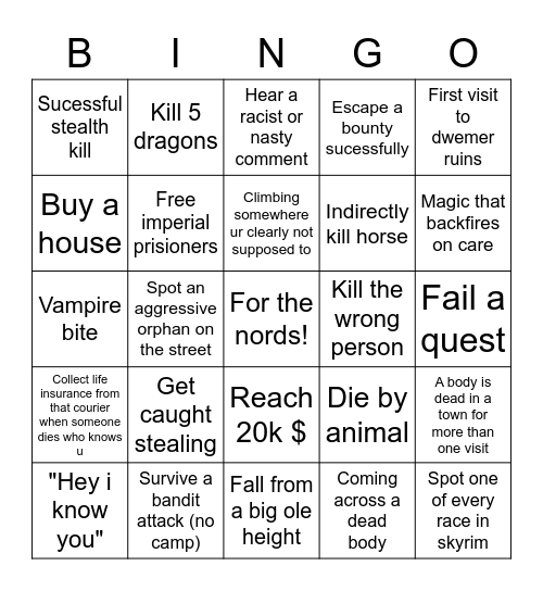 Skyrim Bingo Card