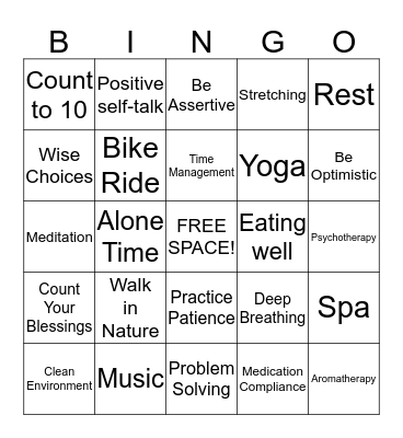 Stress Management Bingo Card