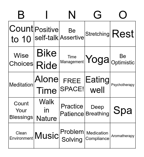 Stress Management Bingo Card