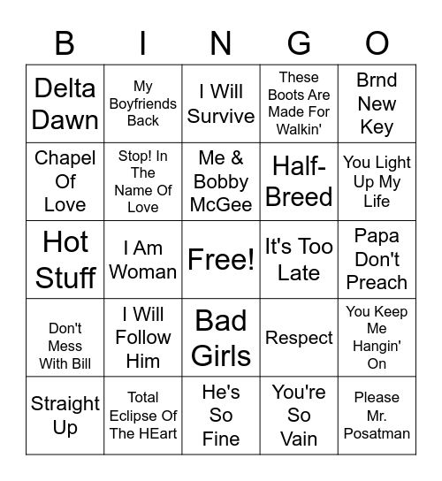 Female Hits Bingo Card