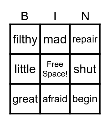 Synonym Bingo Card