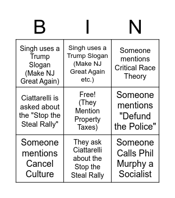 NJ GOP Gubernatorial Debate Bing Bingo Card