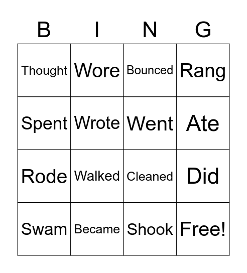 Past Tense Bingo Card