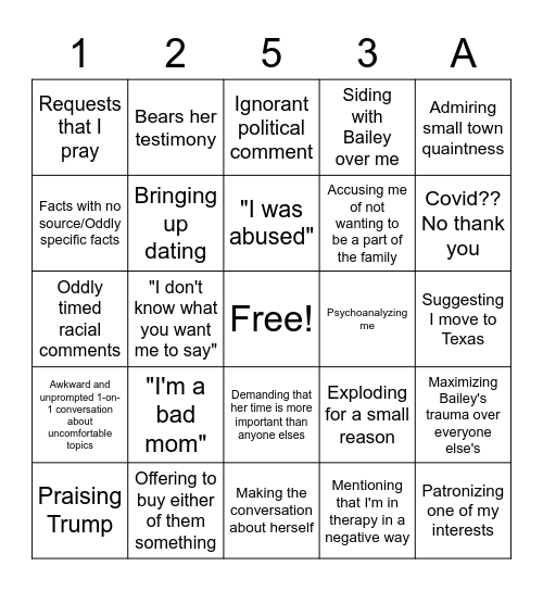 Family Vacation Bingo Card