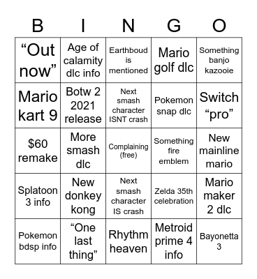 Nintendo e3 2021 Bingo Card