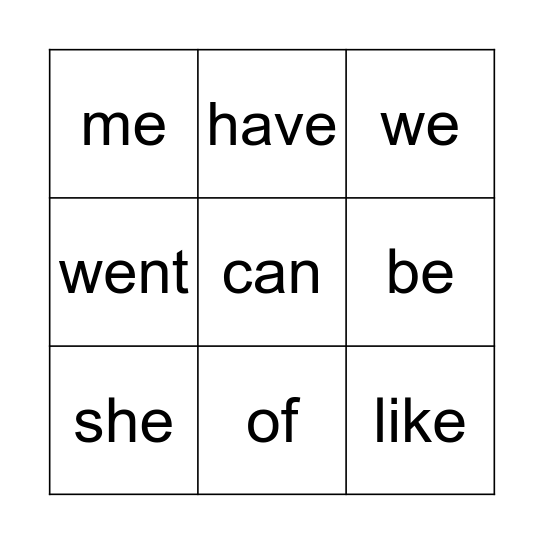 Bingo sight words Bingo Card