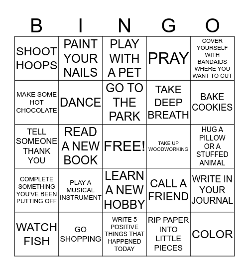 Coping Skills Bingo Card