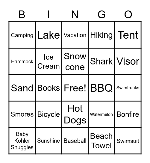 Summer Break Bingo Card