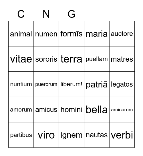 Declension/parsing Bingo Card