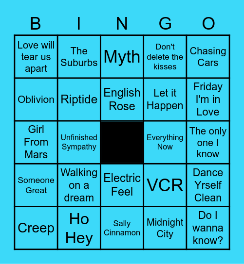 Indie Bands Best Hits Bingo Card