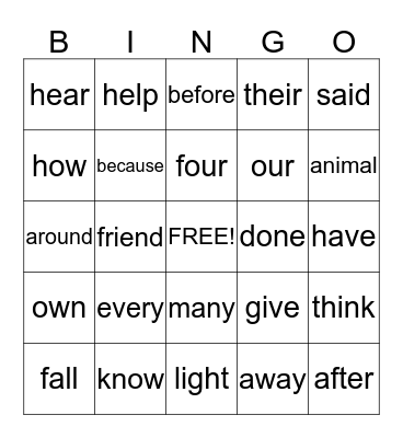 Word Wall Bingo Card