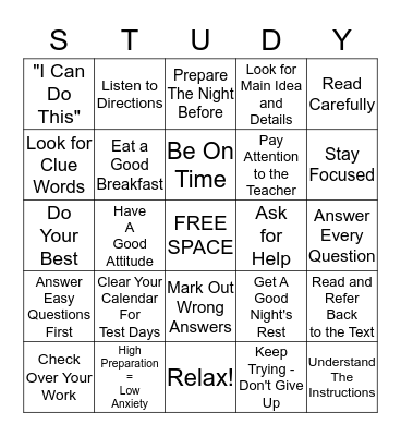 STUDY SKILLS BINGO Card