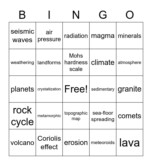 6th Grade Bingo Card