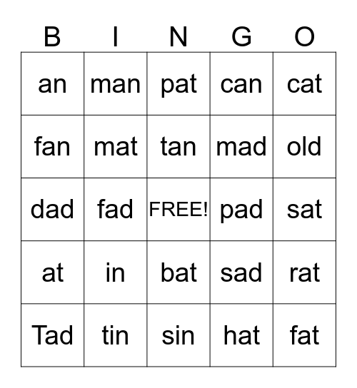 Sight Words Bingo Card
