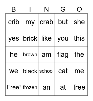 Spelling List A-15 Bingo Card