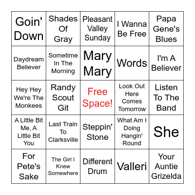 The Monkees Bingo Card