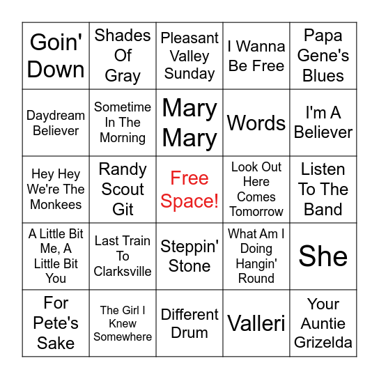 The Monkees Bingo Card