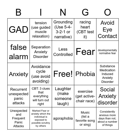 Anxiety Disorders Bingo Card